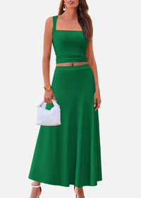 Crop Tank Top Flowy Midi Skirts Ribbed Knit Casual Two Piece Skirt Set