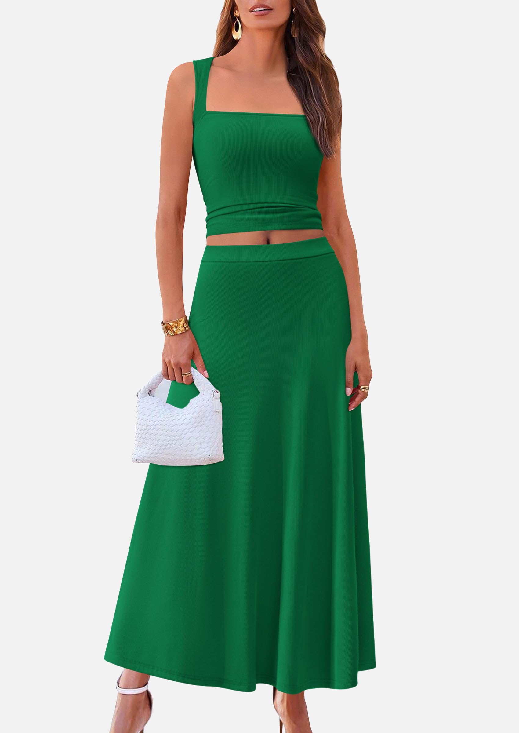 PRETTYGARDEN Skirt Sets 2 Piece Outfits Casual Knit Tank Tops Flowy Midi Skirts Matching Vacation Clothes