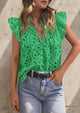 Casual Ruffle Cap Sleeve Button V Neck Embroidered Eyelet Blouses