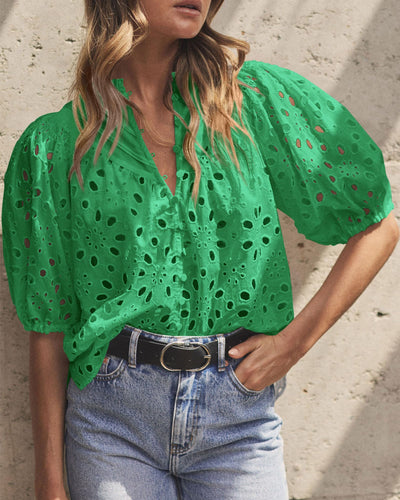 PRETTYGARDEN Women's Summer Short Sleeve Tops 2025 Dressy Casual Buttons V Neck Hollow Out Lace Embroidered Blouses Shirts