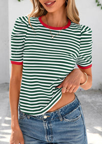 Puff Sleeve Casual Ribbed Knit Color Block Striped Pullover T-shirts