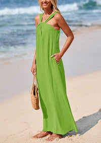 Casual Sleeveless Strappy Loose Flowy Beach Maxi Dress with Pockets