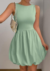 Casual Sleeveless Tank Mini Short Dress Crew Neck Bubble Dress with Pockets