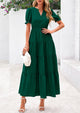 Casual Short Sleeve V Neck Tiered Flowy Beach Vacation Maxi Dress with Pockets