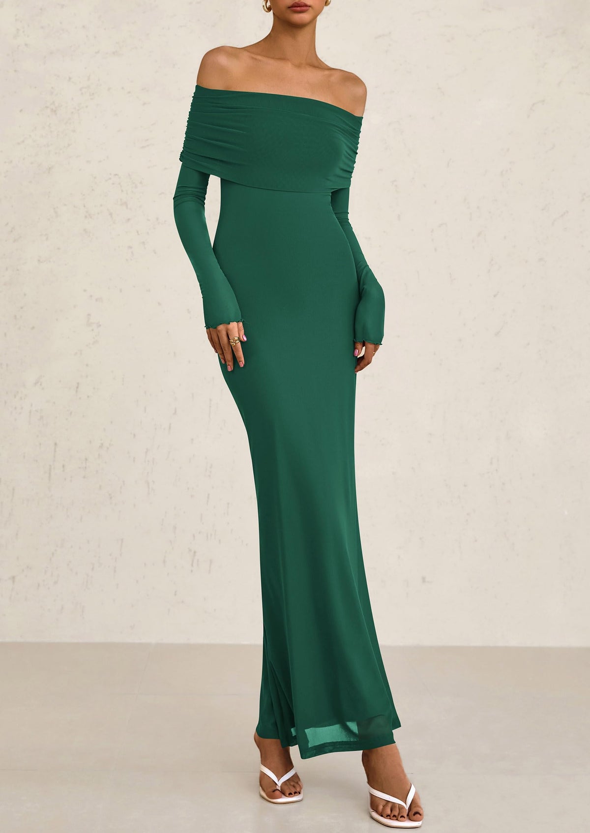 Off The Shoulder Bodycon Long Sleeve Mesh Maxi Dress
