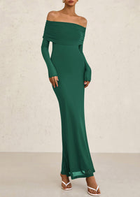 Off The Shoulder Bodycon Long Sleeve Mesh Maxi Dress