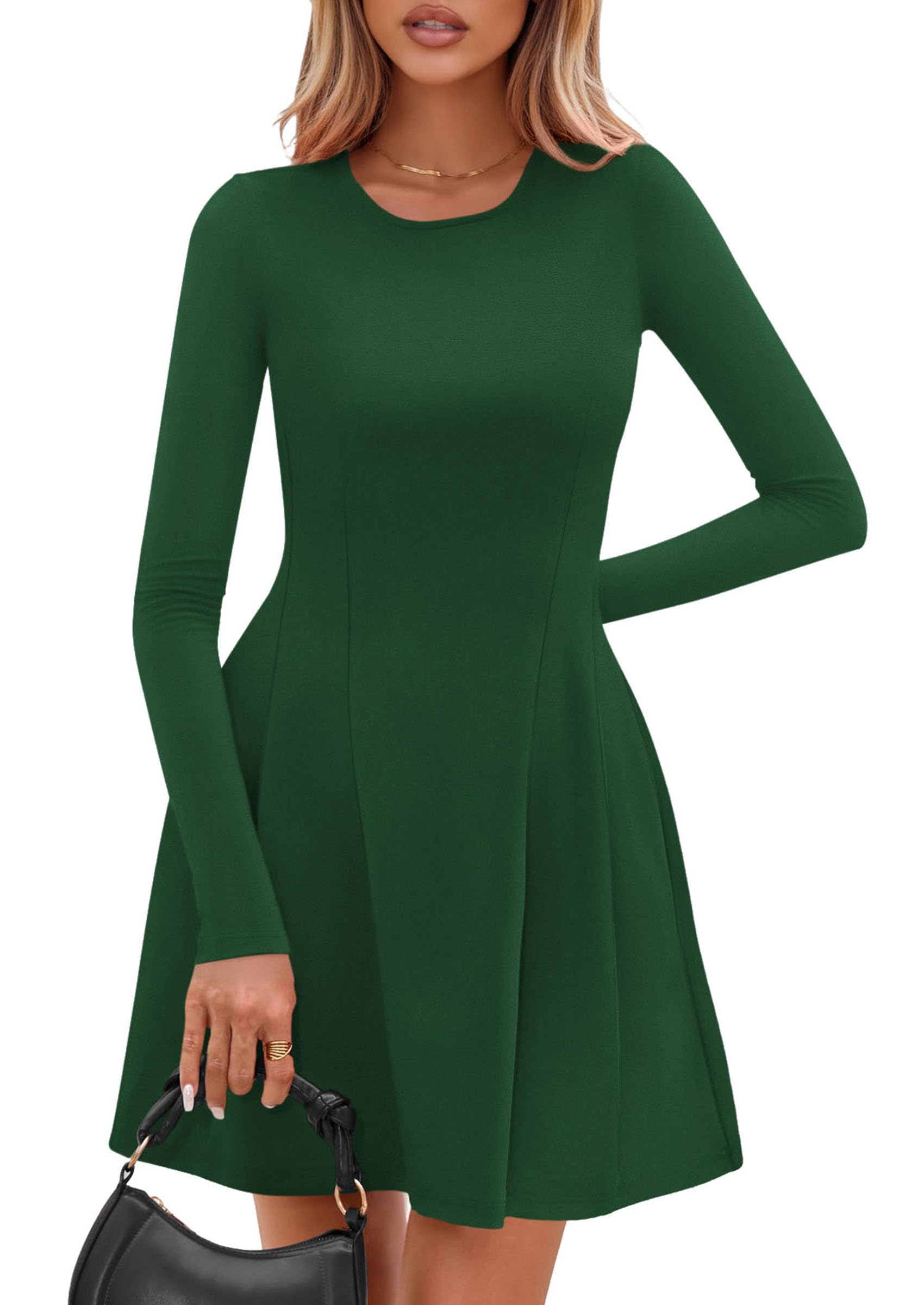 PRETTYGARDEN Long Sleeve Mini Dress for Women Fall Crewneck Knit Pleated Babydoll A Line Soft Casual Short Party Dresses PRETTYGARDEN