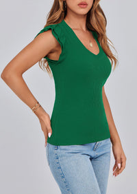 V Neck Ruffle Sleeveless Slim Fit Casual T-shirts