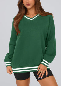 PRETTYGARDEN Women's Oversized Sweatshirts Casual Long Sleeve Stripes Knit V Neck Pullover Top Fall Teens Preppy Clothes