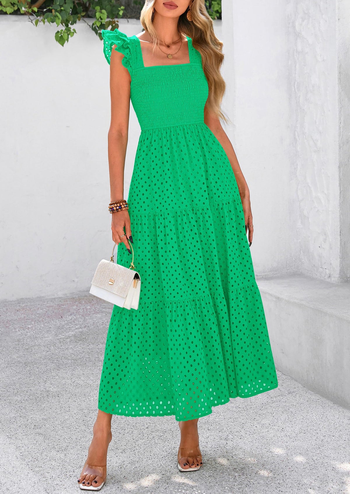 Square Neck Cap Sleeve Eyelet Smocked Tiered A Line Maxi Dresses with Pockets