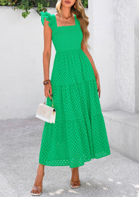 Square Neck Cap Sleeve Eyelet Smocked Tiered A Line Maxi Dresses with Pockets