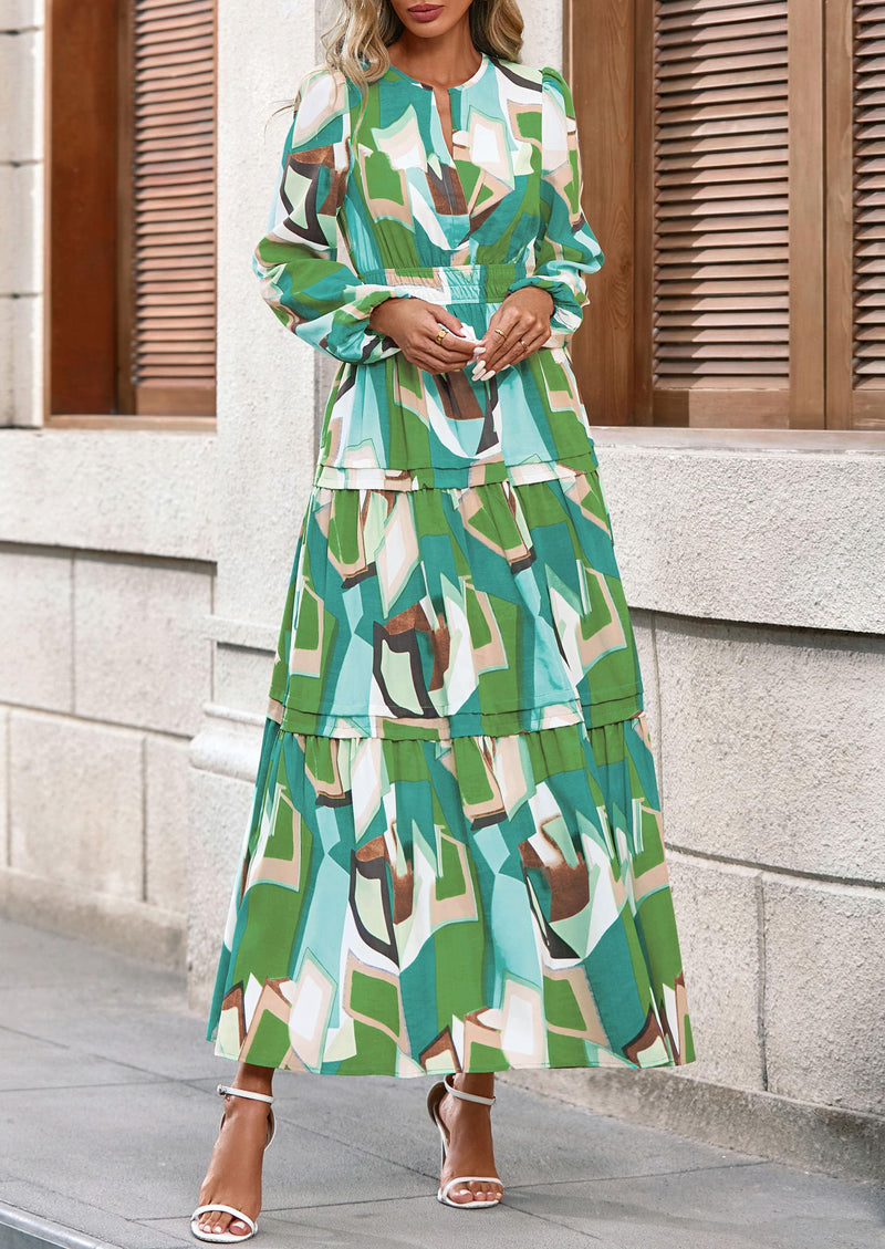 PRETTYGARDEN Women's Fall Boho Maxi Dresses Floral Long Sleeve V Neck Flowy Elegant Wedding Guest Dress Vacation Outfits
