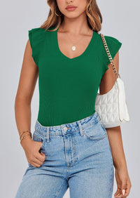 V Neck Ruffle Sleeveless Slim Fit Casual T-shirts