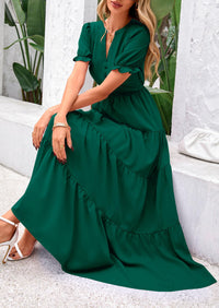 Casual Short Sleeve V Neck Tiered Flowy Beach Vacation Maxi Dress with Pockets