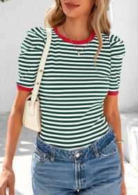 Puff Sleeve Casual Ribbed Knit Color Block Striped Pullover T-shirts