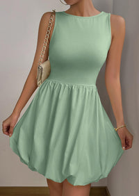 Casual Sleeveless Tank Mini Short Dress Crew Neck Bubble Dress with Pockets