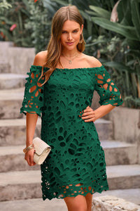 Off Shoulder Vintage Floral Lace Flare Short Sleeve Loose Elegant Mini Dress