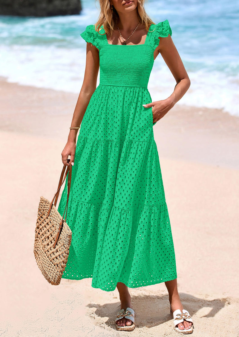 Beach Vacation Maxi Women's Square Neck Maxi Dress - Striped Ruffle Sleeveless Smocked Beach Sundress Flowy Casual Dress Beach Vacation Maxi Women's Square Neck Maxi Dress - Striped Ruffle Sleeveless Smocked Beach Sundress Flowy Casual Dress