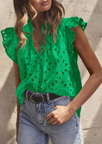 Casual Ruffle Cap Sleeve Button V Neck Embroidered Eyelet Blouses