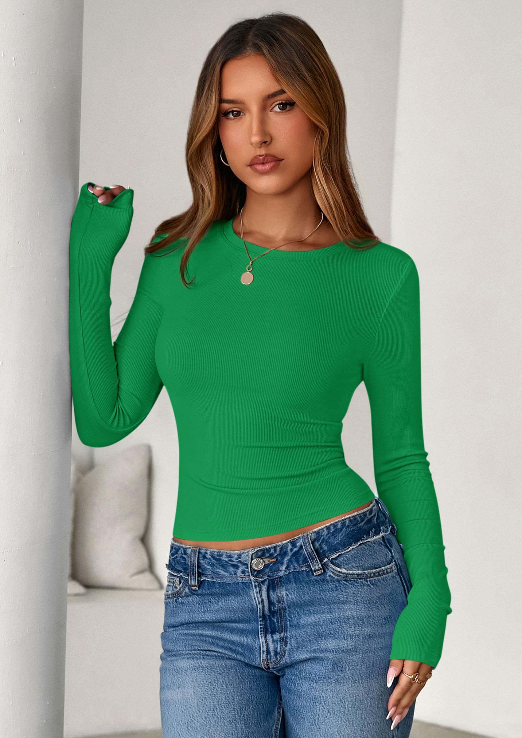PRETTYGARDEN Womens Summer Fall Long Sleeve Shirts Ribbed Knit Fitted Basic Tee Going Out Tops Underscrub Casual Outfits