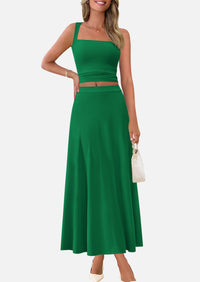 Crop Tank Top Flowy Midi Skirts Ribbed Knit Casual Two Piece Skirt Set