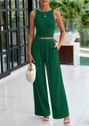PRETTYGARDEN Two Piece Sets Ribbed Knit Crew Neck Sleeveless Tank Tops Wide Leg Pants Casual Lounge Set