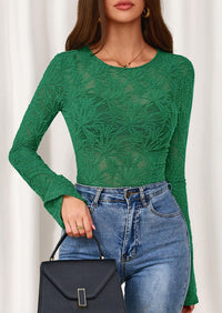 PRETTYGARDEN Womens Lace Long Bell Sleeve Tops Fall Sexy See Through Sheer Floral Blouse Shirt Fitted Going Out Outfits