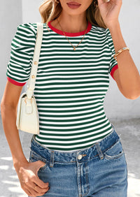 Puff Sleeve Casual Ribbed Knit Color Block Striped Pullover T-shirts