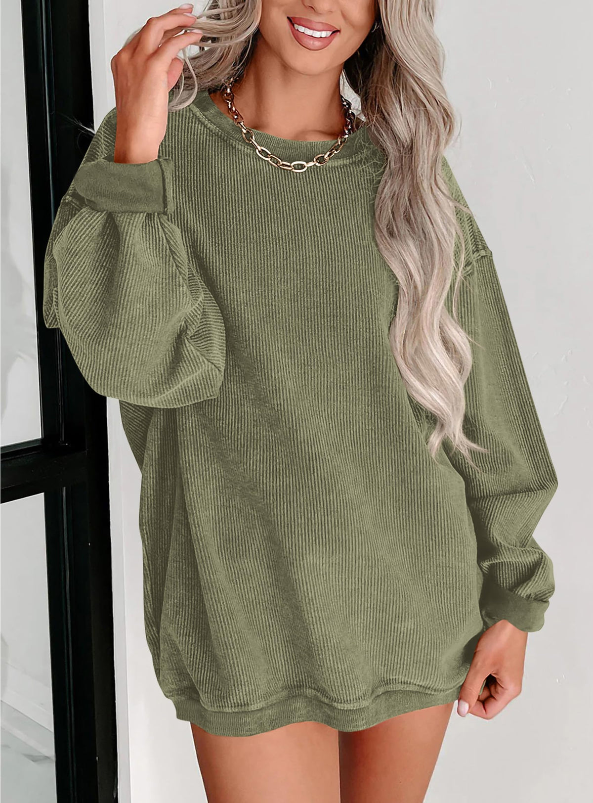 Ribbed Corduroy Crew Neck Long Sleeve Loose Fit Casual Oversized Sweatshirt