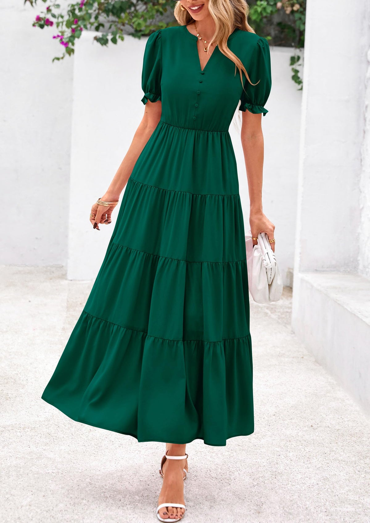 Casual Short Sleeve V Neck Tiered Flowy Beach Vacation Maxi Dress with Pockets