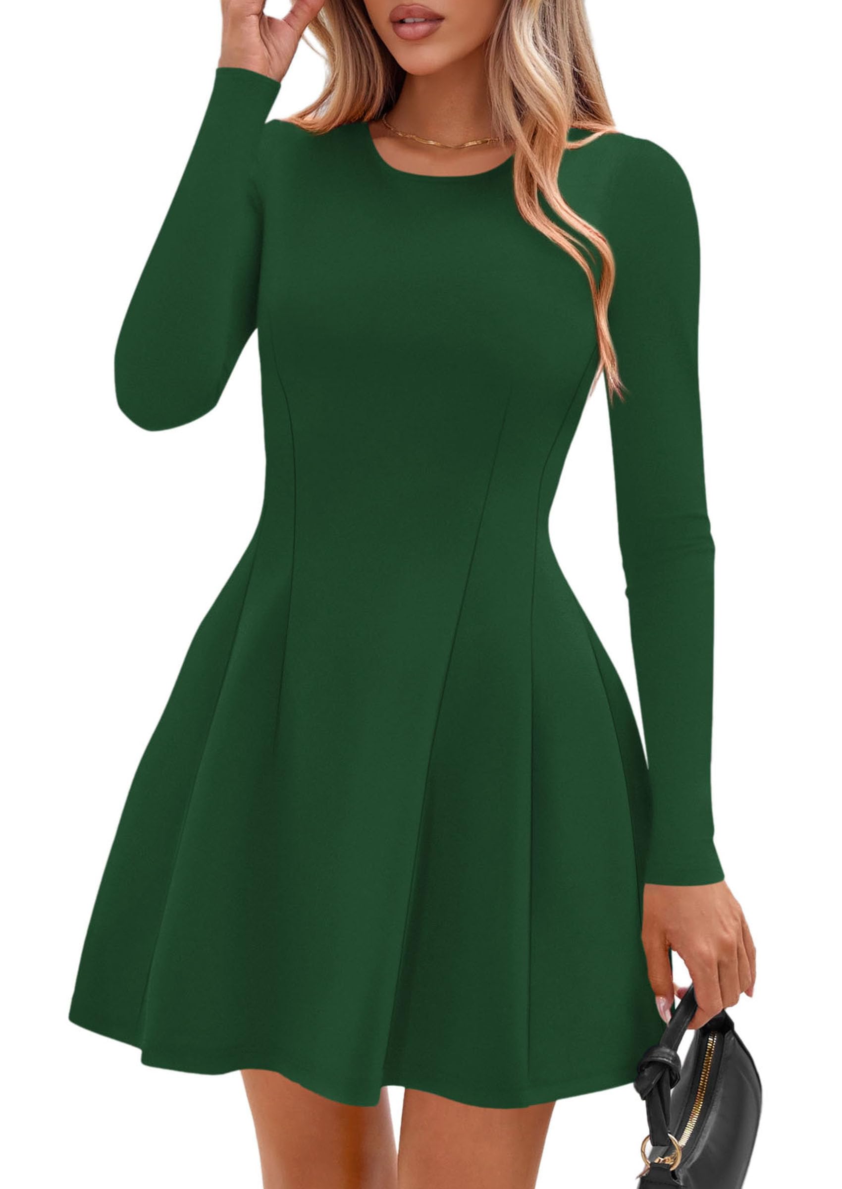 PRETTYGARDEN Long Sleeve Mini Dress for Women Fall Crewneck Knit Pleated Babydoll A Line Soft Casual Short Party Dresses PRETTYGARDEN