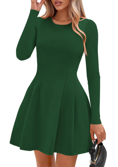 PRETTYGARDEN Long Sleeve Mini Dress for Women Fall Crewneck Knit Pleated Babydoll A Line Soft Casual Short Party Dresses PRETTYGARDEN