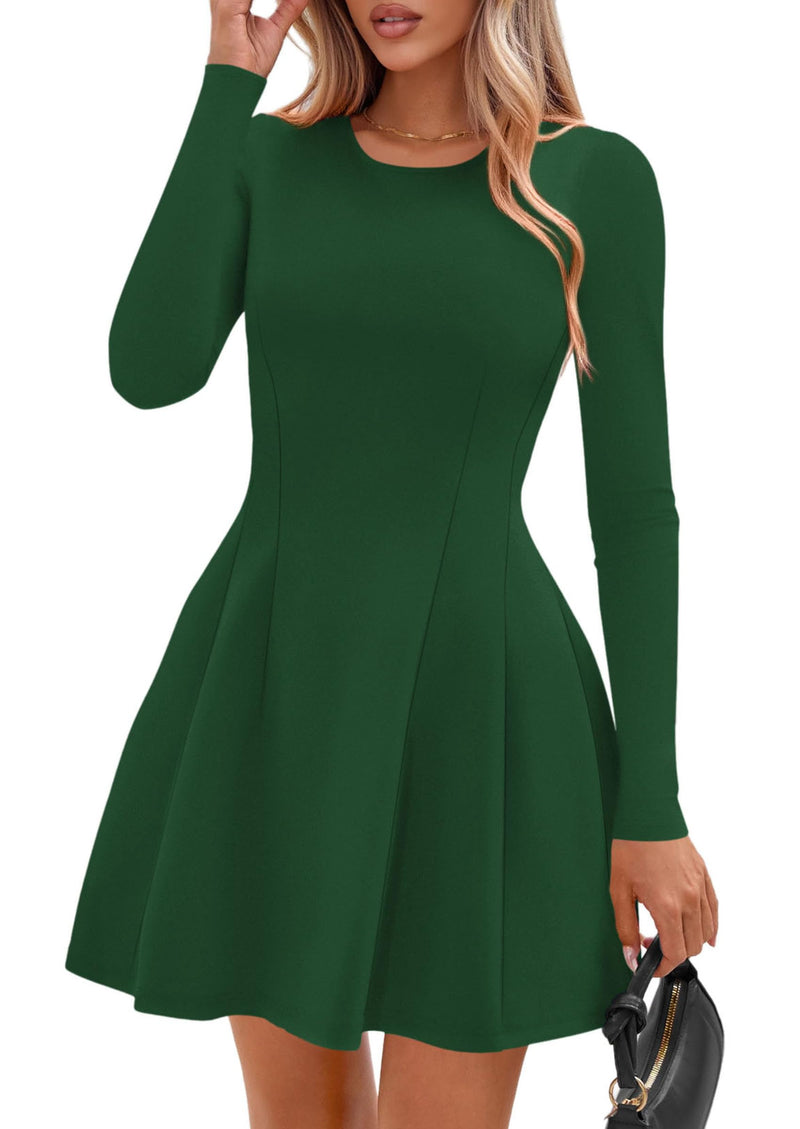 PRETTYGARDEN Long Sleeve Mini Dress for Women Fall Crewneck Knit Pleated Babydoll A Line Soft Casual Short Party Dresses PRETTYGARDEN