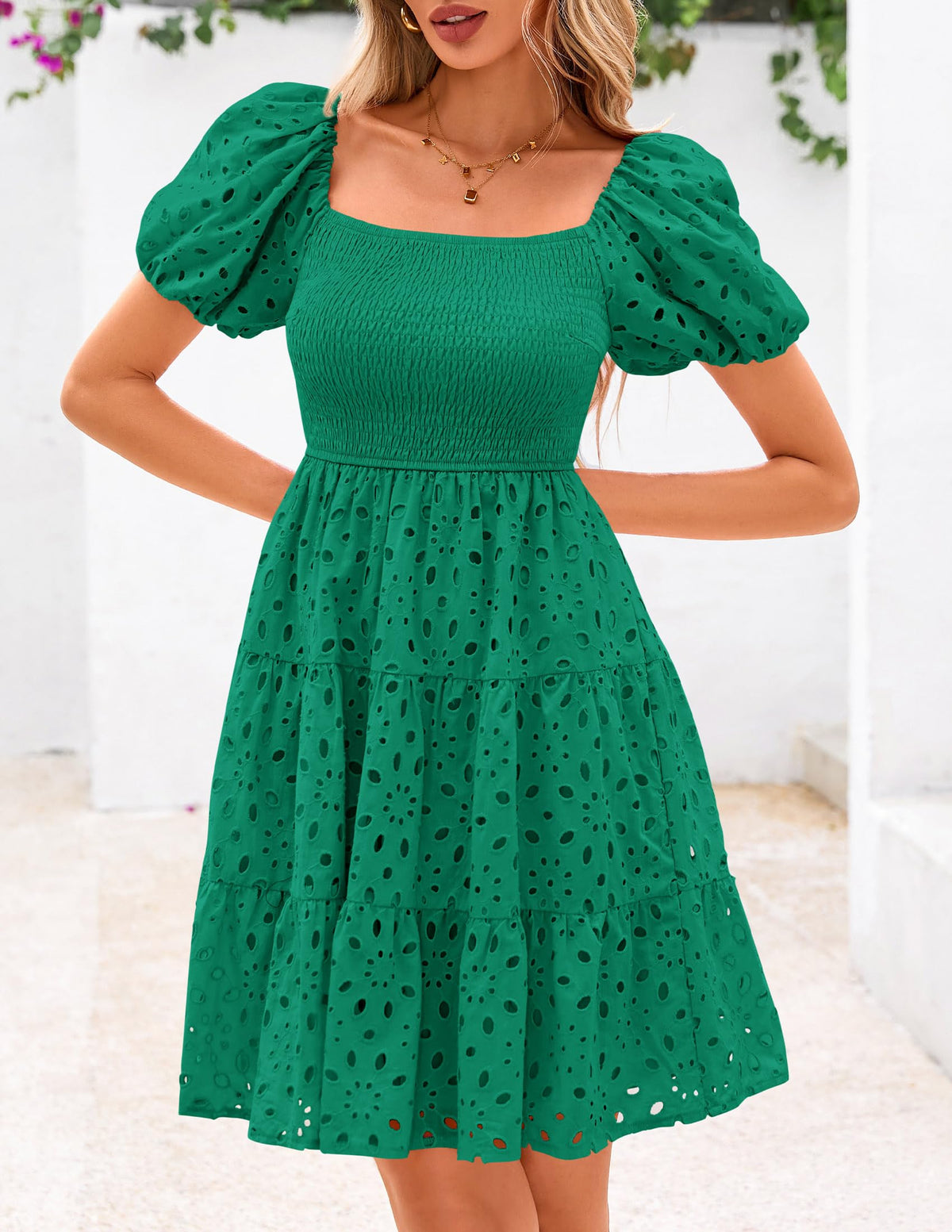 Puff Sleeve Off Shoulder Eyelet Smocked A Line Casual Babydoll Mini Dress