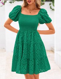 Puff Sleeve Off Shoulder Eyelet Smocked A Line Casual Babydoll Mini Dress