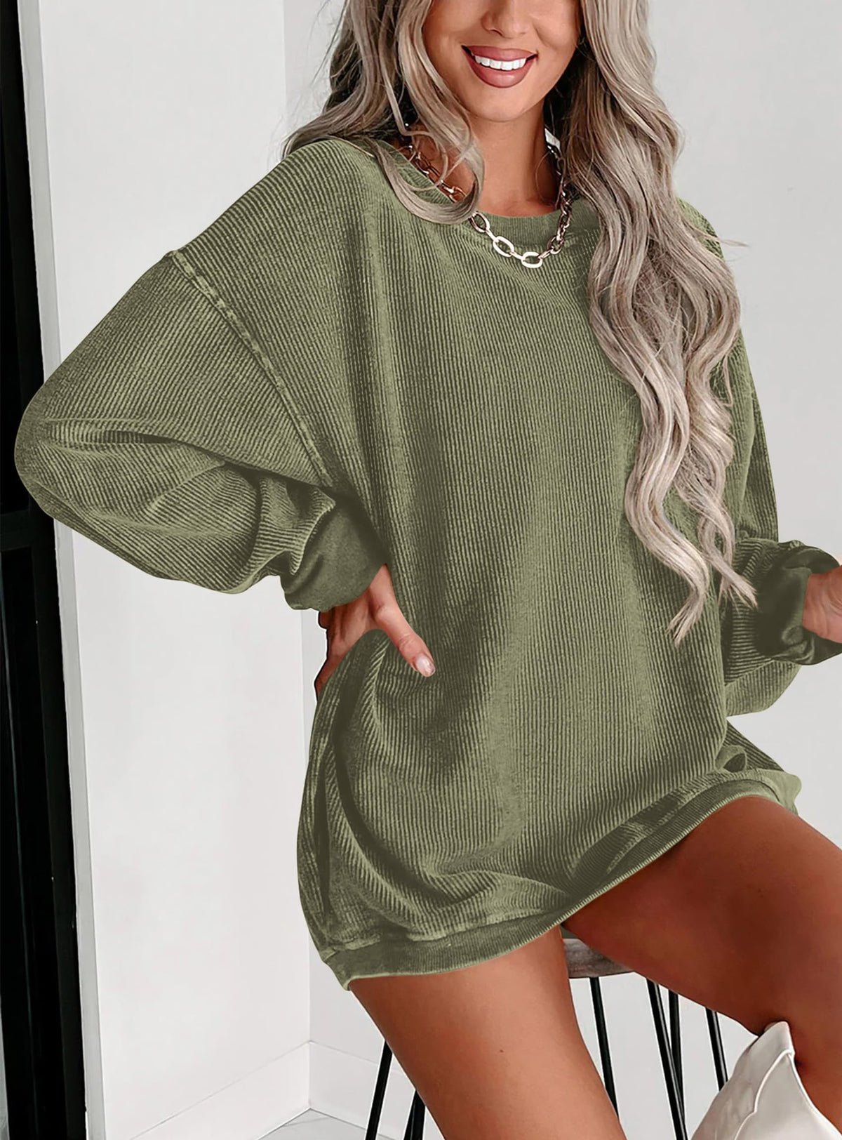 Ribbed Corduroy Crew Neck Long Sleeve Loose Fit Casual Oversized Sweatshirt