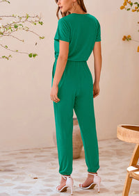 Deep V Neck Wrap Drawstring Waist Jumpsuits
