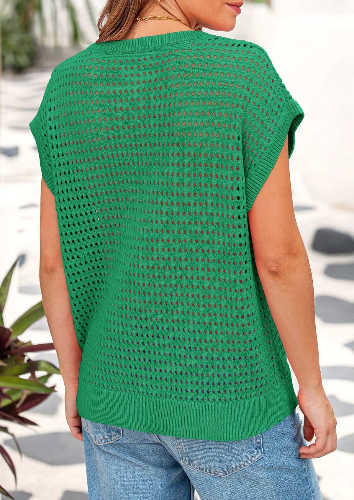 Crochet Cap Sleeve Crew Neck Beach Pullover Cover Ups Shirts
