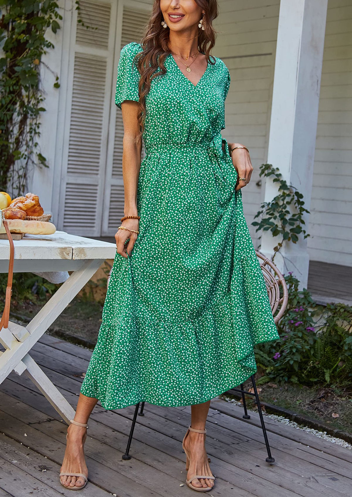 V Neck Short Sleeve Belted Ruffle Floral Summer Dresses