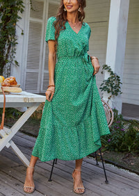 V Neck Short Sleeve Belted Ruffle Floral Summer Dresses