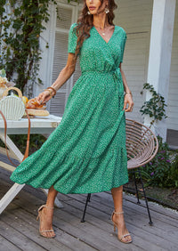 V Neck Short Sleeve Belted Ruffle Floral Summer Dresses