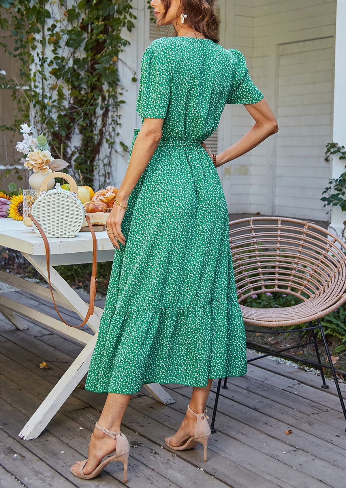 V Neck Short Sleeve Belted Ruffle Floral Summer Dresses