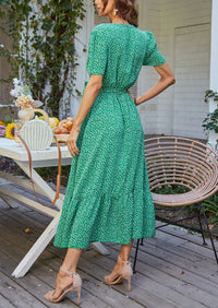 V Neck Short Sleeve Belted Ruffle Floral Summer Dresses