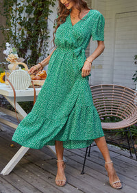 V Neck Short Sleeve Belted Ruffle Floral Summer Dresses