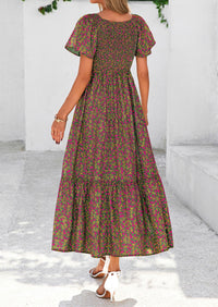 Floral Boho Short Sleeve V Neck Smocked A Line Beach Vacation Maxi Dresses