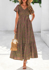 Floral Boho Short Sleeve V Neck Smocked A Line Beach Vacation Maxi Dresses