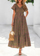 Floral Boho Short Sleeve V Neck Smocked A Line Beach Vacation Maxi Dresses