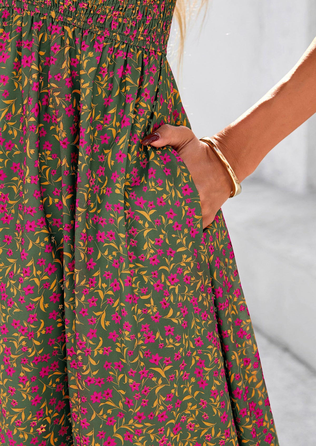 Floral Boho Short Sleeve V Neck Smocked A Line Beach Vacation Maxi Dresses