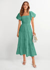 PRETTYGARDEN Women's Summer Casual Midi Dress Puffy Short Sleeve Square Neck Smocked Tiered Ruffle Dresses
