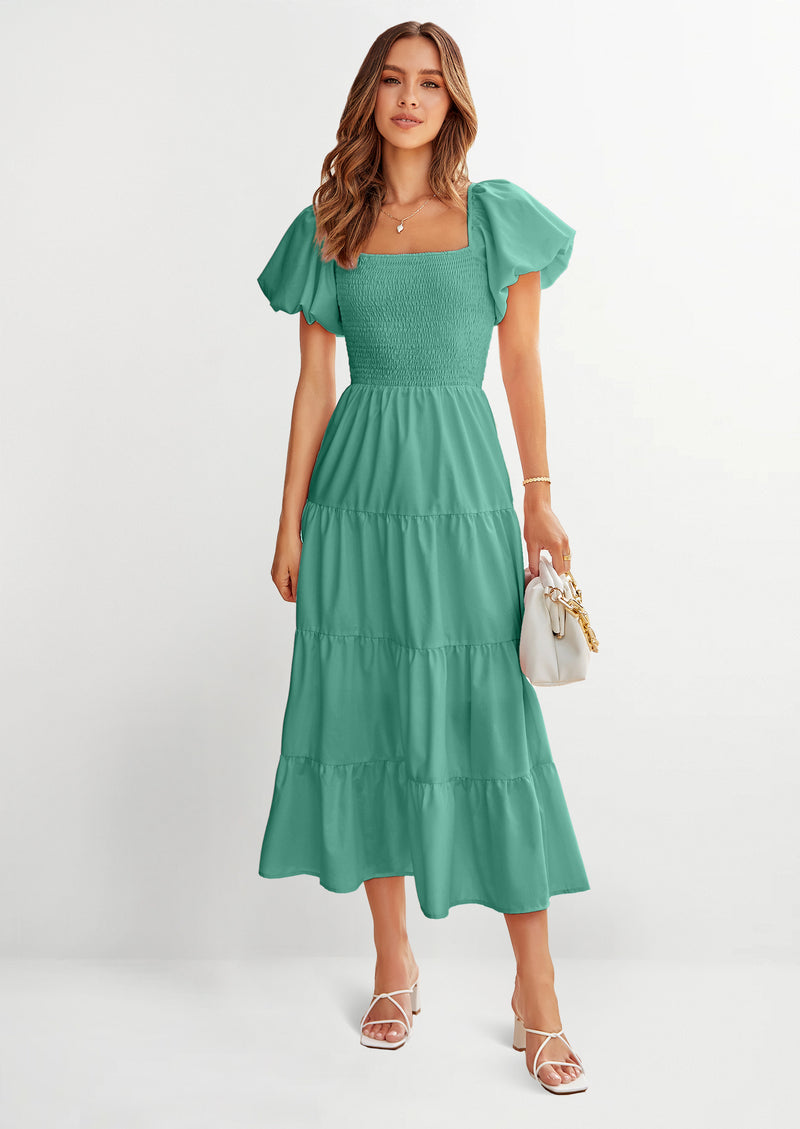 PRETTYGARDEN Women's Summer Casual Midi Dress Puffy Short Sleeve Square Neck Smocked Tiered Ruffle Dresses
